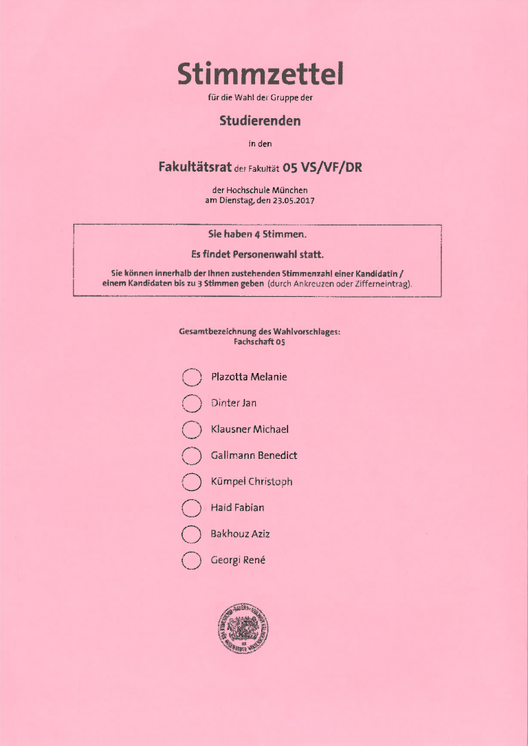 Stimmzettel 2017 für den Fakultätsrat