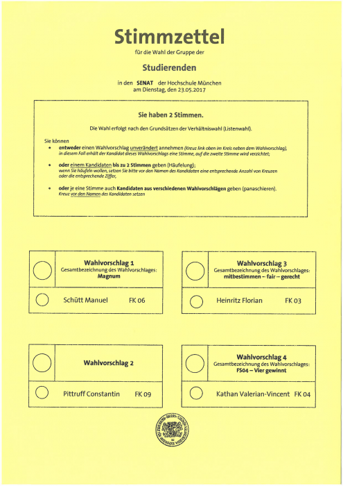 Stimmzettel 2017 für den Senat